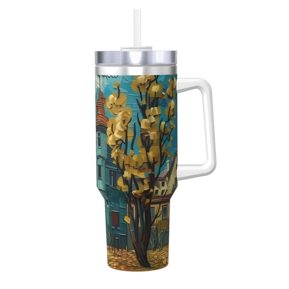 Logiee Impressionist Village Sky Print 40OZ Ice Bully Cup with Handle and Straw, Double Wall Stainless Steel Tumbler,Travel Coffee Cup with Lid, Summer Insulation and Cooling Cup