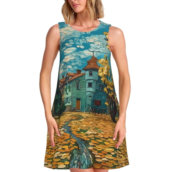 Logiee Impressionist Village Sky Print Summer Dresses for Women,Beach Sleeveless Flowy Pocket Tshirt Tank Sundresses,Women's Sleeveless Dress