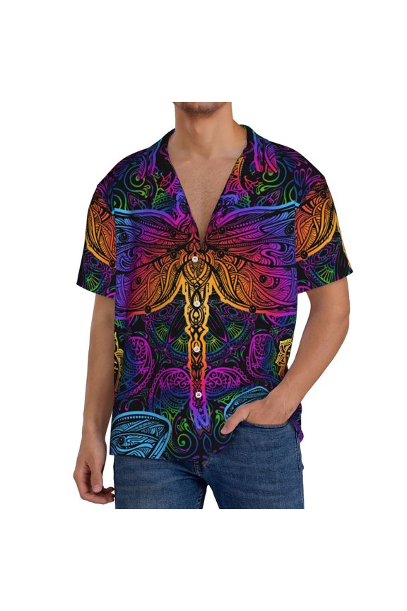 Indian Mandalas Dragonfly Print Men's Button Down Shirts Short Sleeve, Summer Beach Shirts,Vacation Wedding Shirts,Men's Casual Button-Down Shirts with Pocket-X-Large