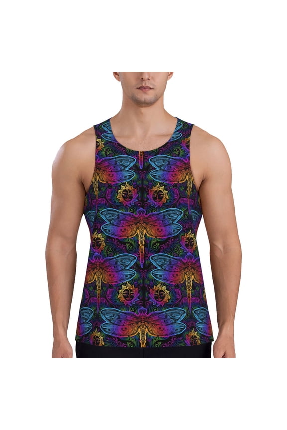 Indian Mandalas Dragonfly Print Men's Workout Tank Top,Quick Dry Workout Tank Top,Gym Muscle Tee,Fitness Bodybuilding Sleeveless T Shirt-XX-Large