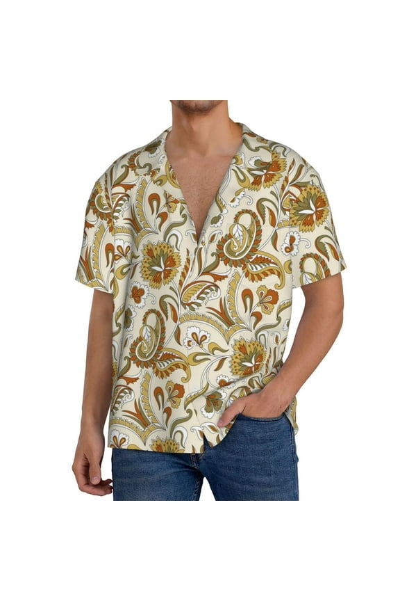 Indian Paisley Print Men's Button Down Shirts Short Sleeve, Summer Beach Shirts,Vacation Wedding Shirts,Men's Casual Button-Down Shirts with Pocket-Large