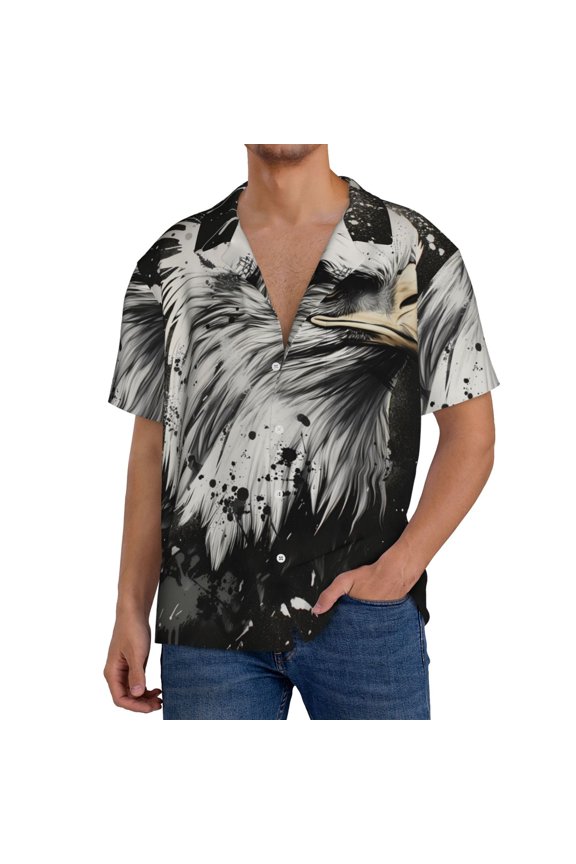 Ink Style Bald Eagle Print Men's Button Down Shirts Short Sleeve, Summer Beach Shirts,Vacation Wedding Shirts,Men's Casual Button-Down Shirts with Pocket-Large