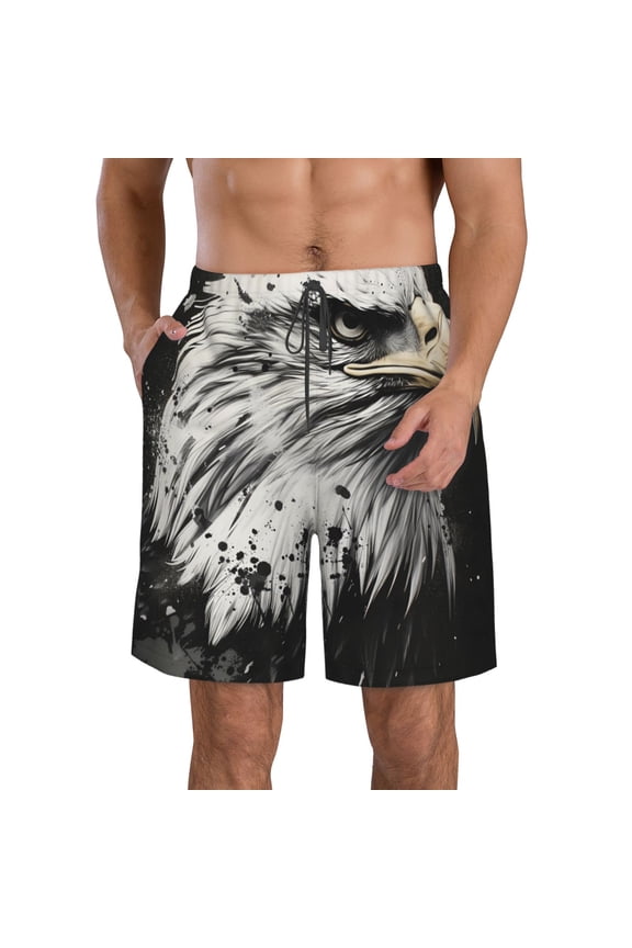 Ink Style Bald Eagle Print Mens Swim Trunks Quick Dry Board Shorts,Breathable Hawaii Beach Shorts Swimwear Bathing Suits-Large