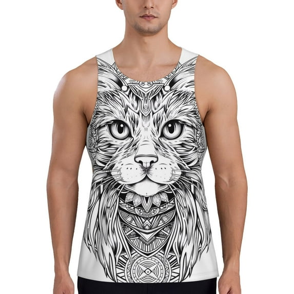 Logiee Intricate Cat Mandala Print Men's Workout Tank Top,Quick Dry Workout Tank Top,Gym Muscle Tee,Fitness Bodybuilding Sleeveless T Shirt-X-Large