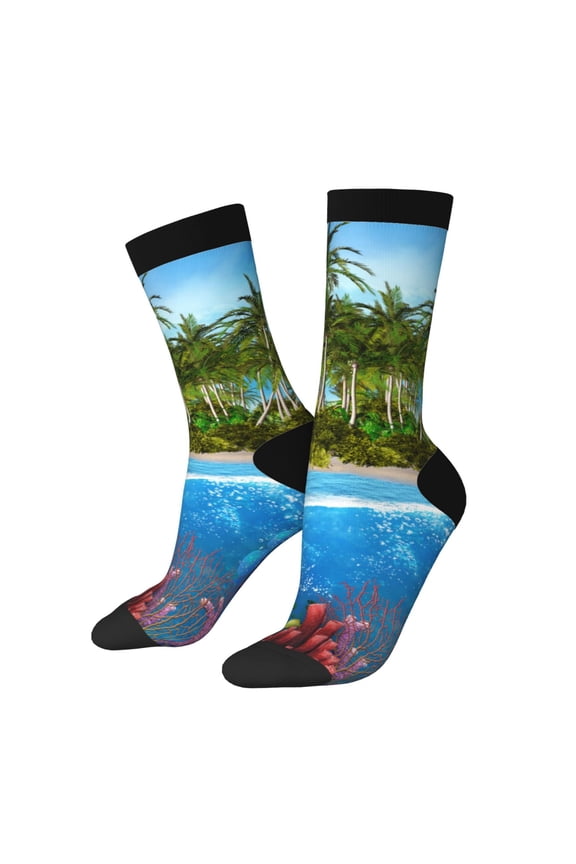 Island And Coral Reef Print Adult Socks for Men & Women,Calf Socks, Ankle Socks,Boots Socks,Breathable Casual Sock,Unisex Crew Socks