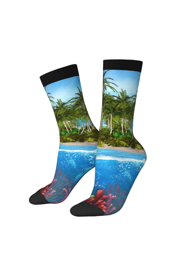 Island And Coral Reef Print Adult Socks for Men & Women,Calf Socks, Ankle Socks,Boots Socks,Breathable Casual Sock,Unisex Crew Socks