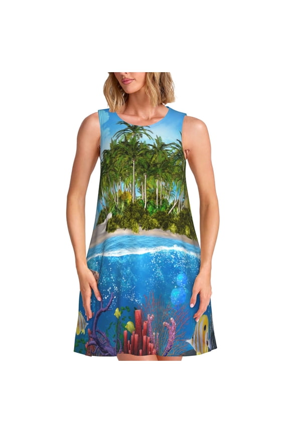 Island And Coral Reef Print Summer Dresses for Women,Beach Sleeveless Flowy Pocket Tshirt Tank Sundresses,Women's Sleeveless Dress