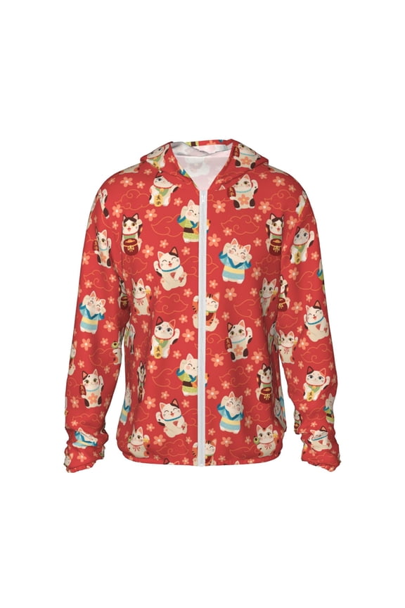 Japanese Maneki Cats Print Men's Women Light Jacket Full Zip Sun Protection Hoodie Long Sleeve Sun Shirts for Men Hiking Fishing Zip Pockets-3X-Large