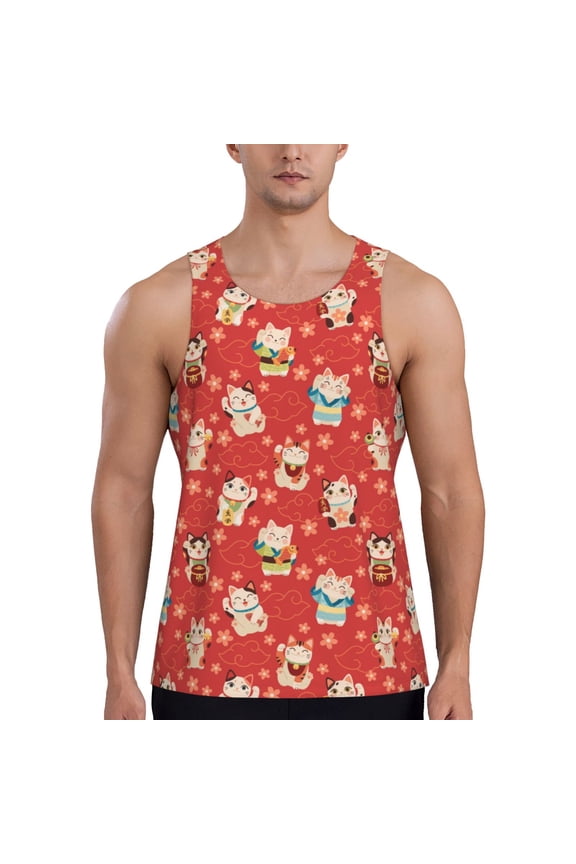 Japanese Maneki Cats Print Men's Workout Tank Top,Quick Dry Workout Tank Top,Gym Muscle Tee,Fitness Bodybuilding Sleeveless T Shirt-