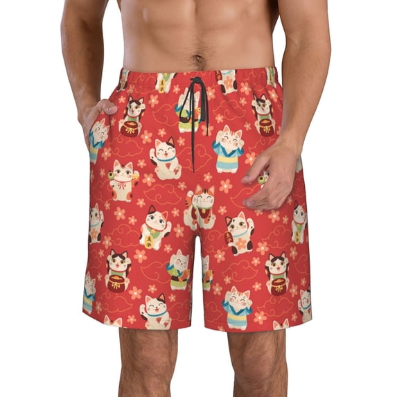 Logiee Japanese Maneki Cats Print Mens Swim Trunks Quick Dry Board Shorts,Breathable Hawaii Beach Shorts Swimwear Bathing Suits-Large
