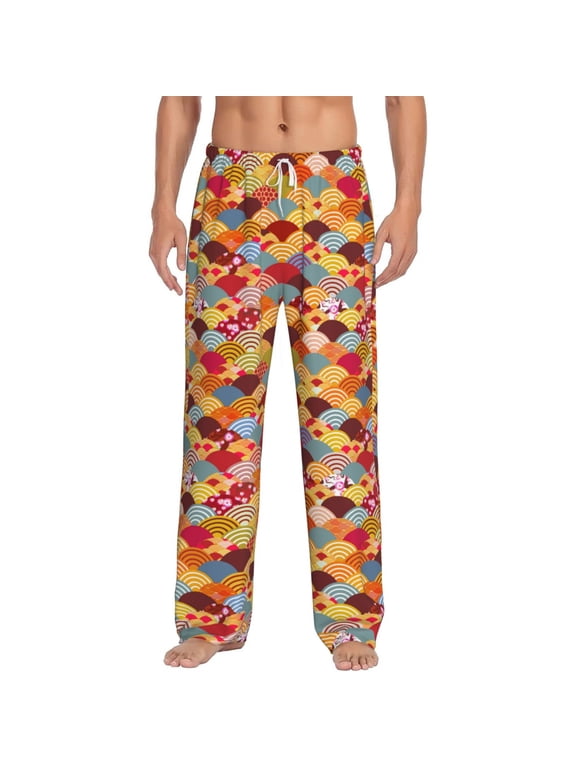 Japanese Style Fish Scales Print Pajama Pants for Men,Men’s Pajama Bottoms,Mens PJ Pants with Pockets & Button Fly-X-Large