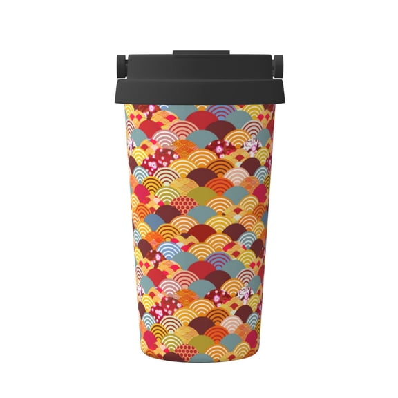 Logiee Japanese Style Fish Scales Print Stainless Steel Coffee Tumbler, Travel Coffee Mug, Insulated Coffee Mug with Lid, Spill Proof Coffee Cup, Portable Thermal Mug