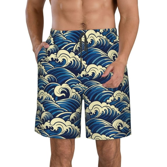 Logiee Japanese Water Wave Print Mens Swim Trunks Quick Dry Board Shorts,Breathable Hawaii Beach Shorts Swimwear Bathing Suits-Small