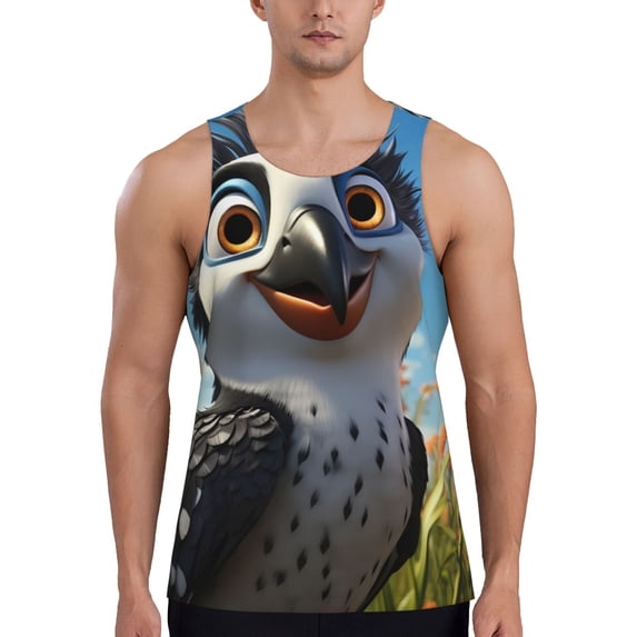 Logiee Joyful Animated Bird Print Men's Workout Tank Top,Quick Dry Workout Tank Top,Gym Muscle Tee,Fitness Bodybuilding Sleeveless T Shirt-Large