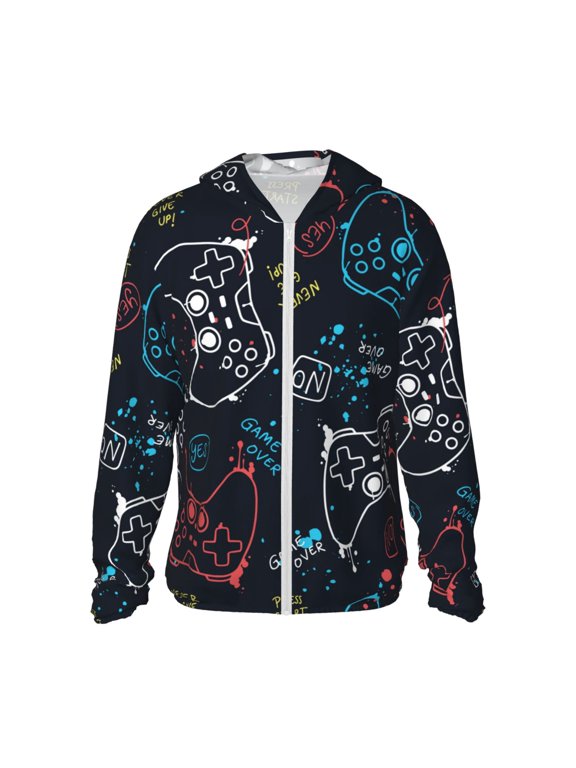 Joystick Gamepad Print Men's Women Light Jacket Full Zip Sun Protection Hoodie Long Sleeve Sun Shirts for Men Hiking Fishing Zip Pockets-Small
