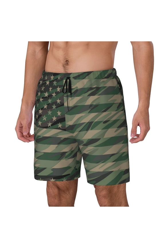 Jungle Green Camo USA Flag Print Men's Swim Trunk,Quick Dry Board Shorts ,Men's Swim Trunks with Compression Liner, Bathing Suits with Pockets-Small