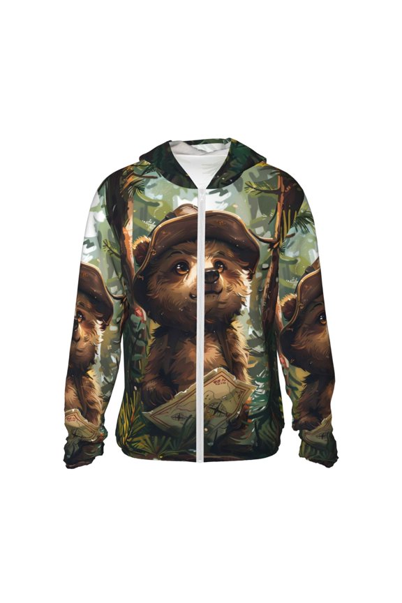 Jungle Hat Bear Print Men's Women Light Jacket Full Zip Sun Protection Hoodie Long Sleeve Sun Shirts for Men Hiking Fishing Zip Pockets-Large