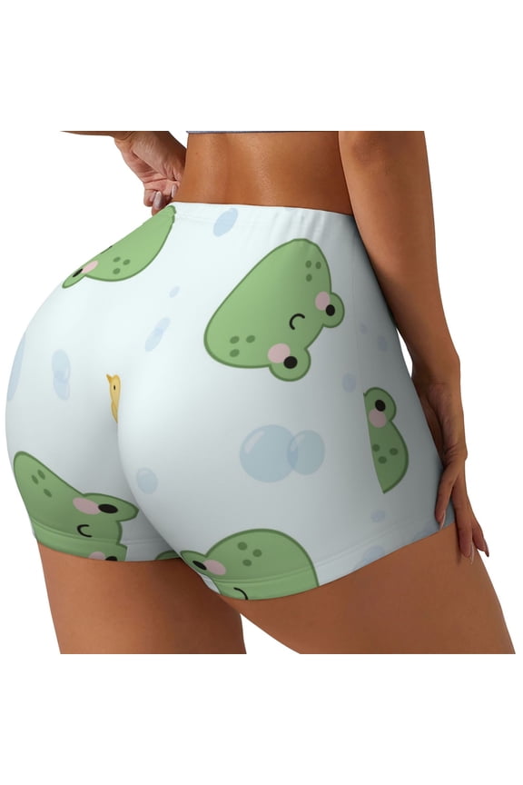 Kawaii Frogs Print Women's Biker Shorts,Workout Gym Shorts,Scrunch Shorts,Tummy Control Hidden Scrunch Running Yoga Shorts-Medium