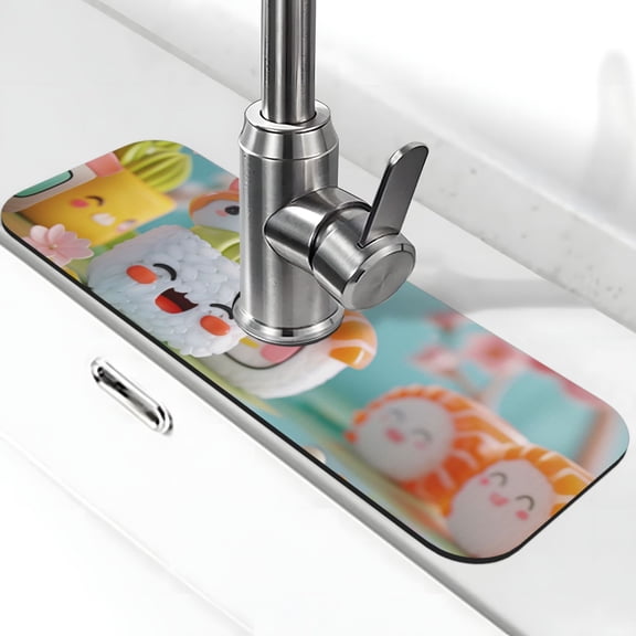 Logiee Kawaii Sushi Characters Delight Print Kitchen Sink Splash Guard Faucet Mat for Splash Guard Behind Faucet Drip Catcher for Kitchen,Bathroom,Sink Mat,Dish Drying Mat,Bathroom-15" X 5.5"
