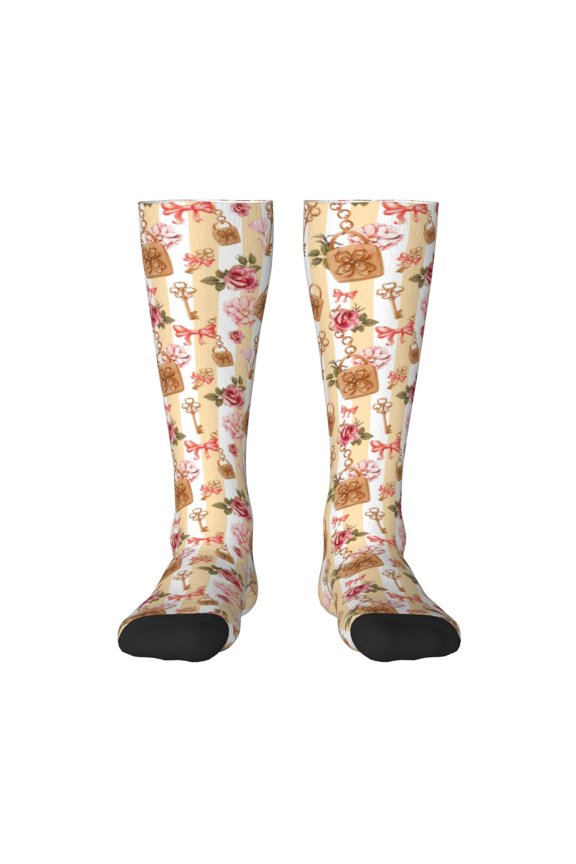 Key Lock And Flowers Print Gift Stocking Stuffers,Adult Stockings,Novelty Socks,Funny Socks Birthday Running Walking Sleeping