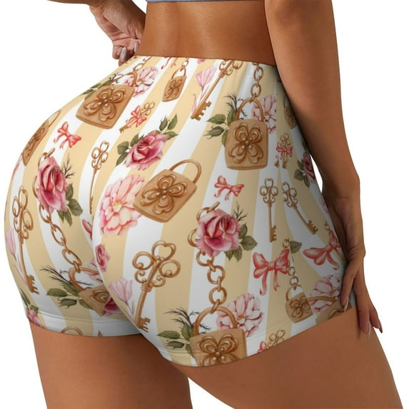Logiee Key Lock And Flowers Print Women's Biker Shorts,Workout Gym Shorts,Scrunch Shorts,Tummy Control Hidden Scrunch Running Yoga Shorts-X-Large