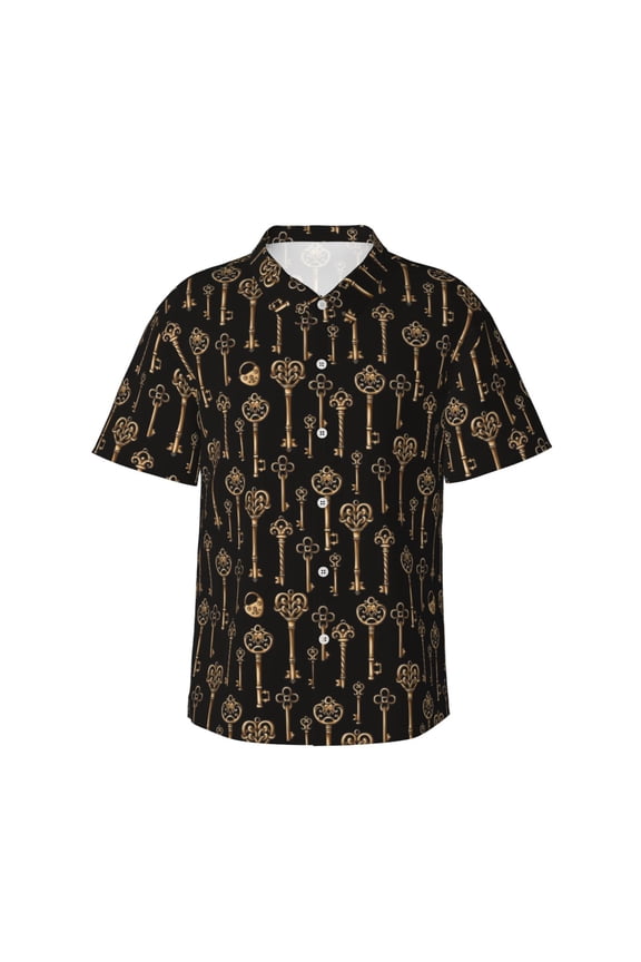 Keys Print Mens Hawaiian Shirts,Loose-Fit Short Sleeve Button Down Tropical Aloha Beach Shirt,Summer Vacation Wedding Tops,X-Large