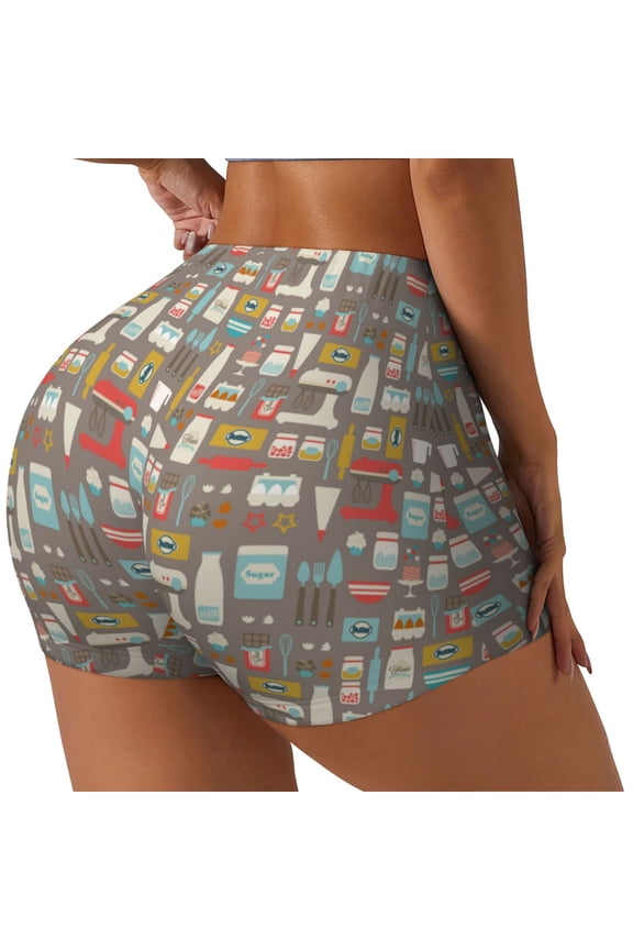 Kitchen Food Print Women's Biker Shorts,Workout Gym Shorts,Scrunch Shorts,Tummy Control Hidden Scrunch Running Yoga Shorts-Medium