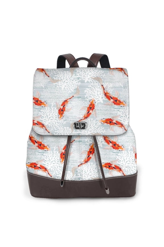 Logiee Koi Fish Corals,Spring Summer Print Backpack Purse for Women,Fashion Leather Backpack Purse,Women's Leather Backpack for Work College Travel