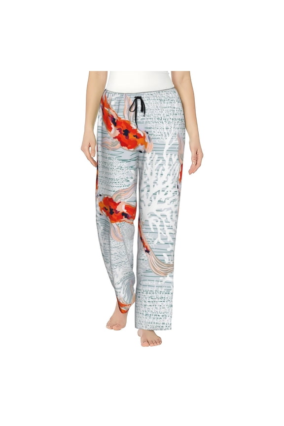 Koi Fish Corals,Spring Summer Print Women Pajama Pants,Comfy Pj Bottom with Pockets & Drawstring,Stretch Casual Sleepwear-Large