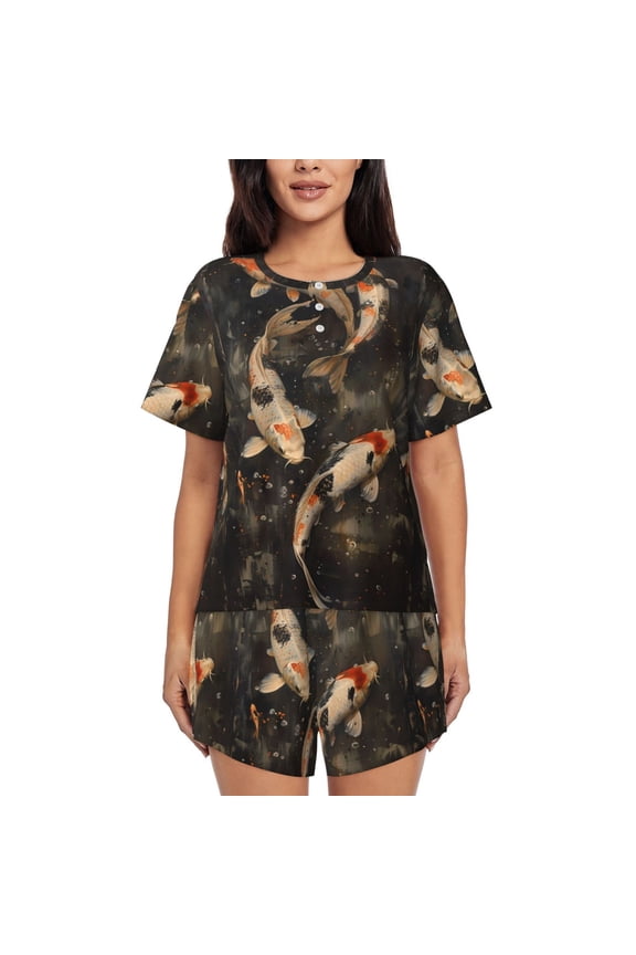 Koi Fish Tranquility Print Womens Pajamas Set,Short-Sleeve Pajama 2 Piece Sleepwear with Pockets-X-Large