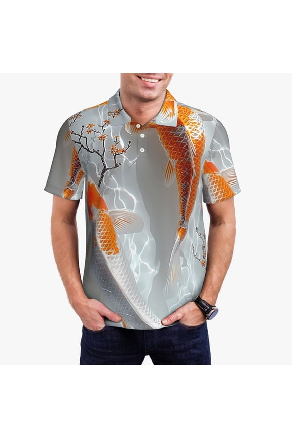 Koi Fish Water Print Mens Polo Shirts,Mens Golf Polo Shirts,Short Sleeve Casual Polo Shirts for Men,Summer Fashion Beach Shirts-Small
