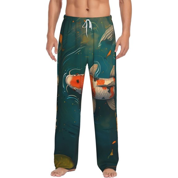 Logiee Koi Pond Lilies Print Pajama Pants for Men,Men’s Pajama Bottoms,Mens PJ Pants with Pockets & Button Fly-3X-Large