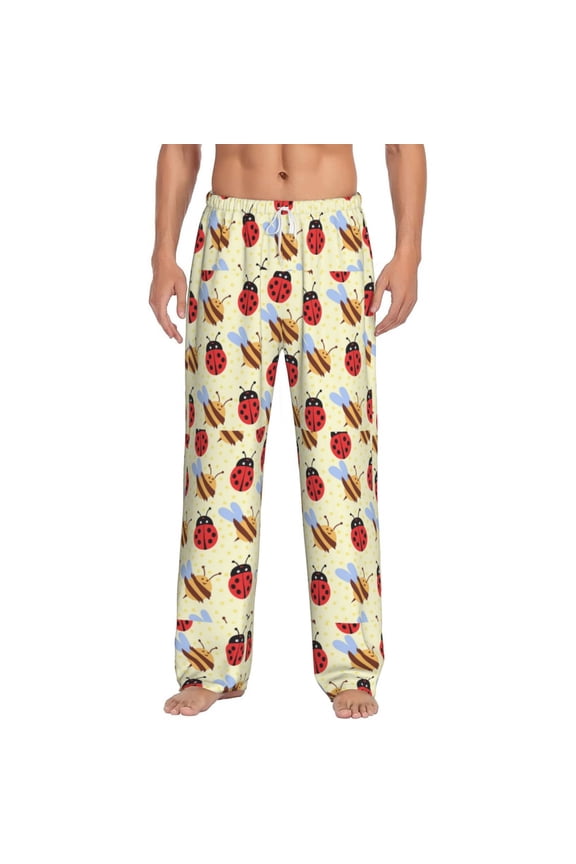 Ladybug And Bee Print Pajama Pants for Men,Men’s Pajama Bottoms,Mens PJ Pants with Pockets & Button Fly-Large