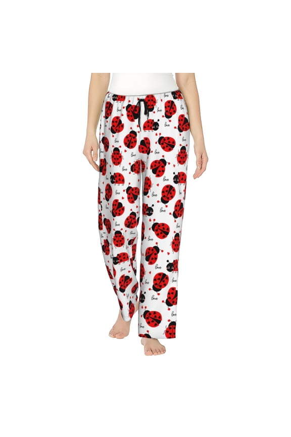 Ladybug And Heart Print Women Pajama Pants,Comfy Pj Bottom with Pockets & Drawstring,Stretch Casual Sleepwear-Medium