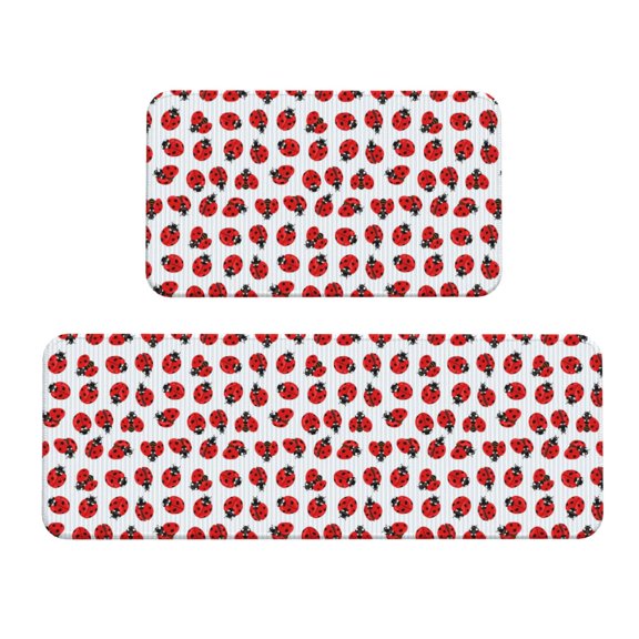 Logiee Ladybug On Blue Stripes Print Kitchen Mats for Floor Sets of 2,Waterproof Kitchen Rugs,Non Slip Comfort Standing Mat Rug for Home,Runner,Sink,Office,Laundry