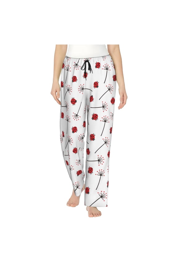 Ladybug With Dandelion Print Women Pajama Pants,Comfy Pj Bottom with Pockets & Drawstring,Stretch Casual Sleepwear-X-Large