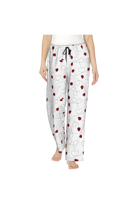Ladybugs Flying On Dotted Route Print Women Pajama Pants,Comfy Pj Bottom with Pockets & Drawstring,Stretch Casual Sleepwear-Medium