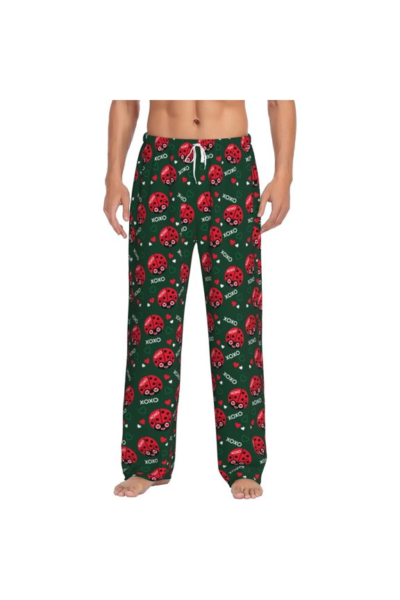 Ladybugs In Love Print Pajama Pants for Men,Men’s Pajama Bottoms,Mens PJ Pants with Pockets & Button Fly-Medium