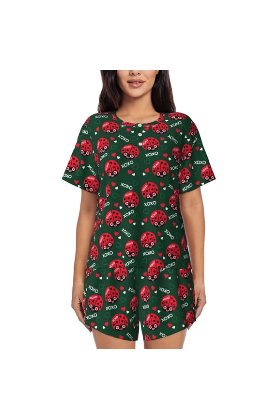 Ladybugs In Love Print Womens Pajamas Set,Short-Sleeve Pajama 2 Piece Sleepwear with Pockets-XX-Large