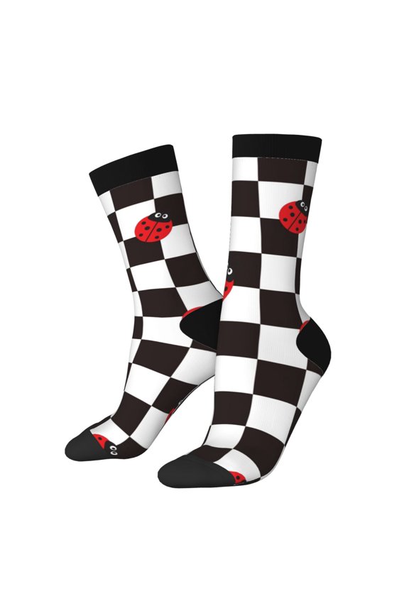 Ladybugs Of Black And White Checkers Print Adult Socks for Men & Women,Calf Socks, Ankle Socks,Boots Socks,Breathable Casual Sock,Unisex Crew Socks