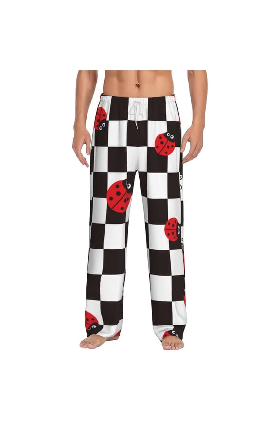 Ladybugs Of Black And White Checkers Print Pajama Pants for Men,Men’s Pajama Bottoms,Mens PJ Pants with Pockets & Button Fly-3X-Large