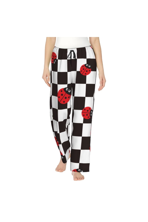 Ladybugs Of Black And White Checkers Print Women Pajama Pants,Comfy Pj Bottom with Pockets & Drawstring,Stretch Casual Sleepwear-Medium
