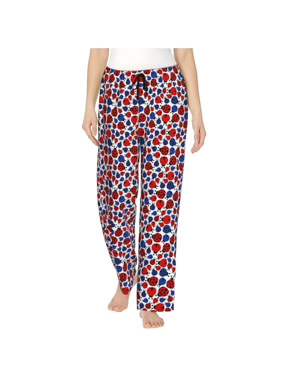Ladybugs Print Women Pajama Pants,Comfy Pj Bottom with Pockets & Drawstring,Stretch Casual Sleepwear-Large