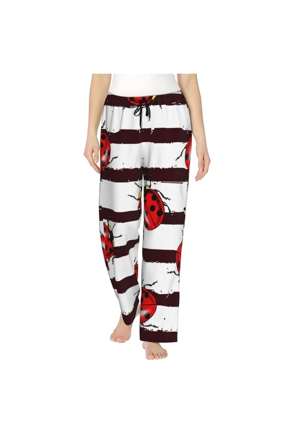 Ladybugs on Black and White Striped1 Print Women Pajama Pants,Comfy Pj Bottom with Pockets & Drawstring,Stretch Casual Sleepwear-Small