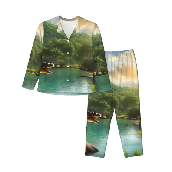 Logiee Lake Forest Dinosaur Print Womens Pajamas Set,Long Sleeve Sleepwear,Button Down Lounge Set 2 Pieces,Soft Nightwear Pjs Set-Medium