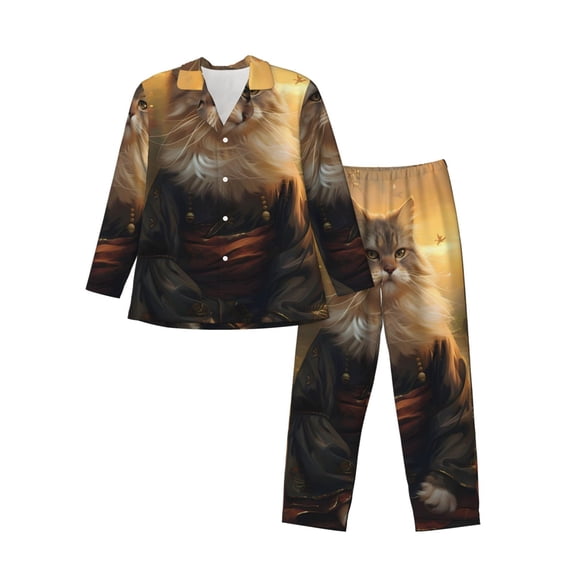 Logiee Lakeside Flower Field Cat Print Mens Long Sleeve Pajama Set,Notched Collar Pajamas for Men, Men's Sleepwear,Mens Sleepwear with Pockets & Button Down-Medium