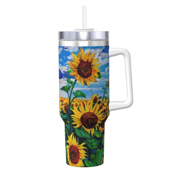 Logiee Landscape With Sunflowers Print 40OZ Ice Bully Cup with Handle and Straw, Double Wall Stainless Steel Tumbler,Travel Coffee Cup with Lid, Summer Insulation and Cooling Cup