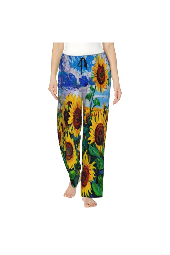 Landscape With Sunflowers Print Women Pajama Pants,Comfy Pj Bottom with Pockets & Drawstring,Stretch Casual Sleepwear-XX-Large