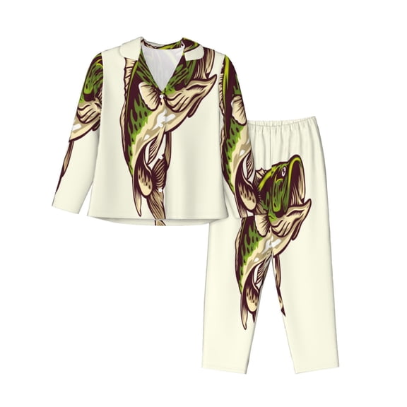 Logiee Largemouth Bass Fish (3) Print Womens Pajamas Set,Long Sleeve Sleepwear,Button Down Lounge Set 2 Pieces,Soft Nightwear Pjs Set-Medium