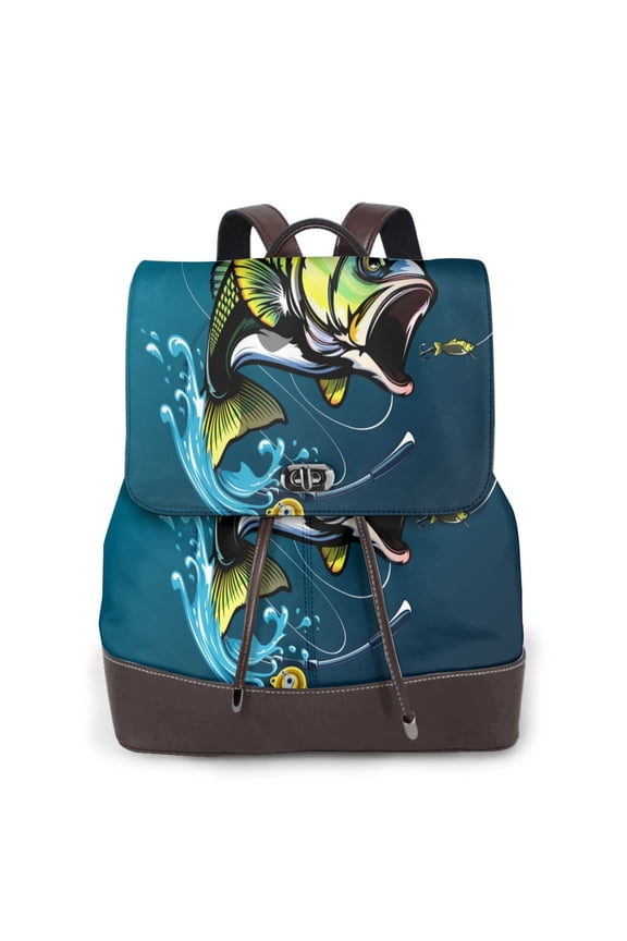 Logiee Largemouth Bass Fish Print Backpack Purse for Women,Fashion Leather Backpack Purse,Women's Leather Backpack for Work College Travel